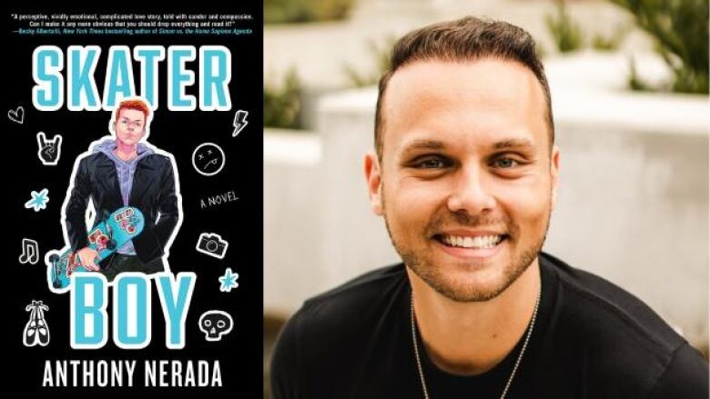 Skater Boy by Anthony Nerada . Illustrated book cover shows a white teenage boy in a hoodie and leather jacket holding a skateboard. Headshot of white male author.