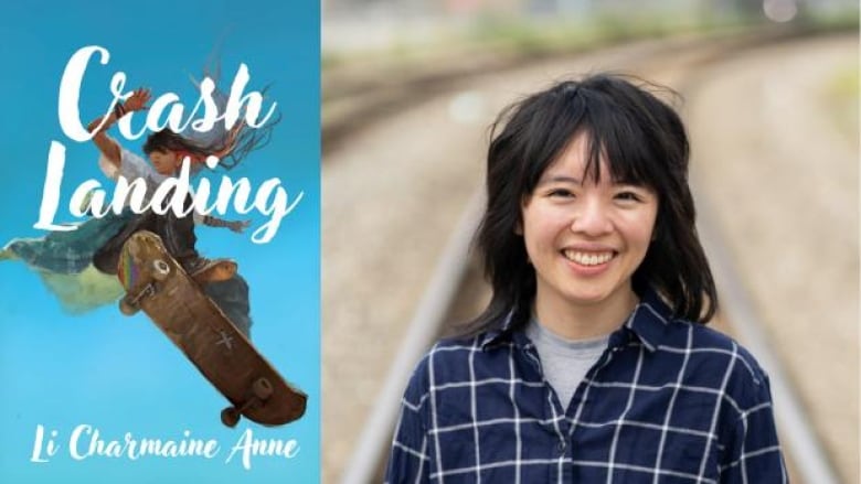 Crash Landing by Li Charmaine Anne. Illustrated cover shows a girl in the air on a skateboard. Headshot of an East Asian woman in a checkered shirt.