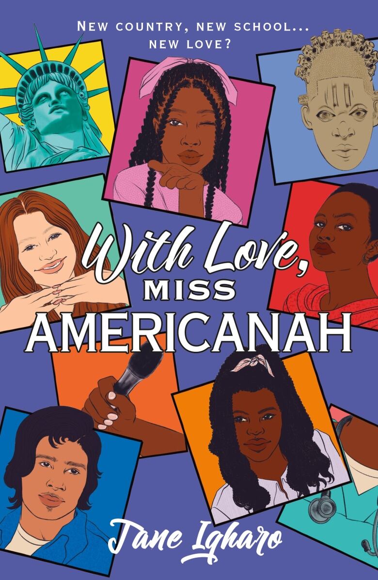 With Love, Miss Americanah by Jane Igharo, Illustrated cover shows five headshots and the statue of liberty.