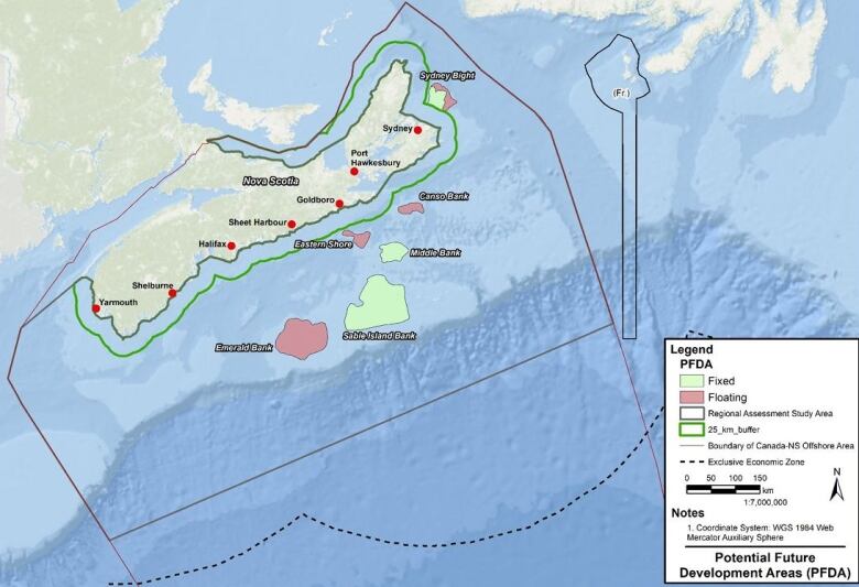 A map of Nova Scotia and potential offshore wind development areas.