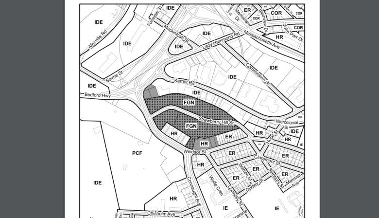 A black and white drawing of the street grid shows the growth node shaded in grey along Strawberry Hill