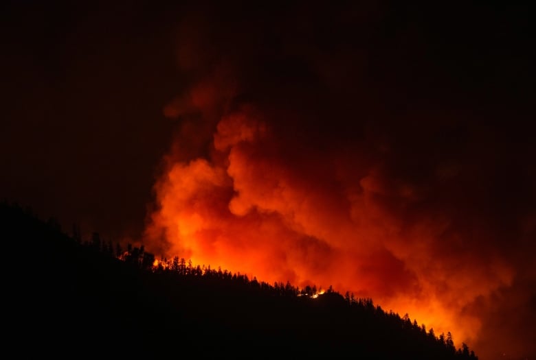 The McDougall Creek wildfire burns on the mountainside above houses in West Kelowna, B.C., on Friday, August 18, 2023.