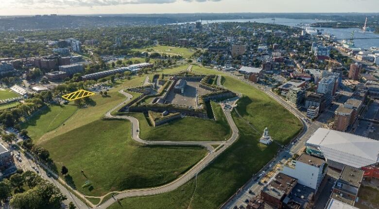 An aerial shot of Halifax's Citadel Hill with a markup of a proposed parking lot on the southwest corner.