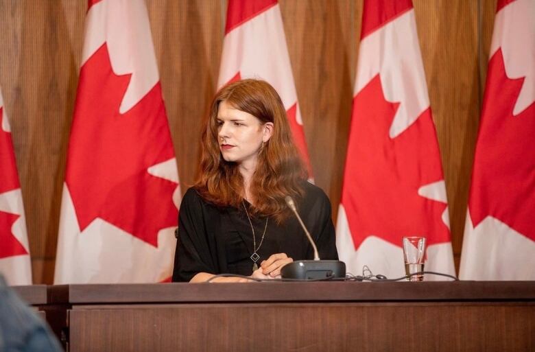 Johnstone, a trans woman with long auburn hair, sits at a desk with Canadian flags in the background.