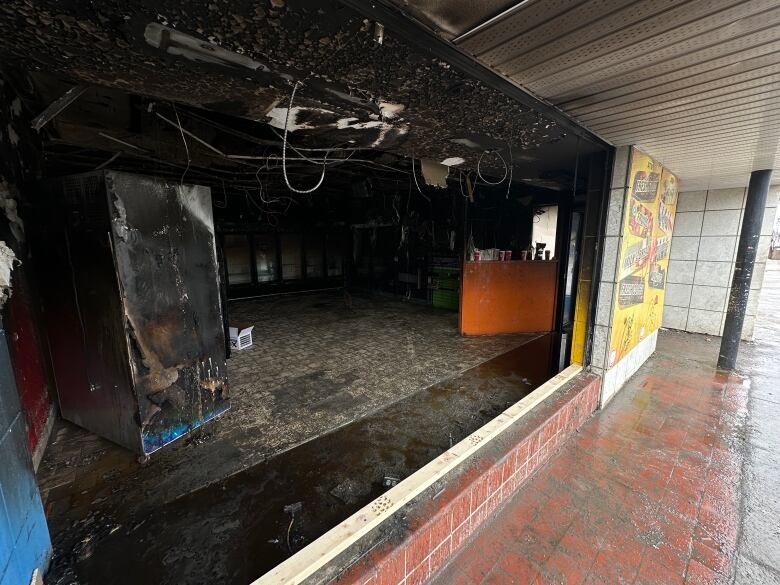 The inside of a store that caught fire.