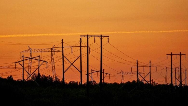 A picture of power lines and poles captured during a sunset.