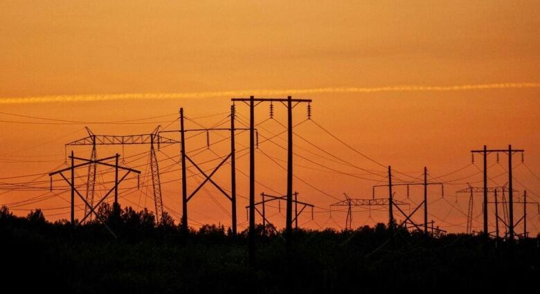 A picture of power lines and poles captured during a sunset.