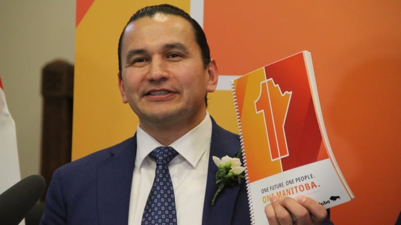 A man wearing a blue suit and tie holds up a wire-bound book.