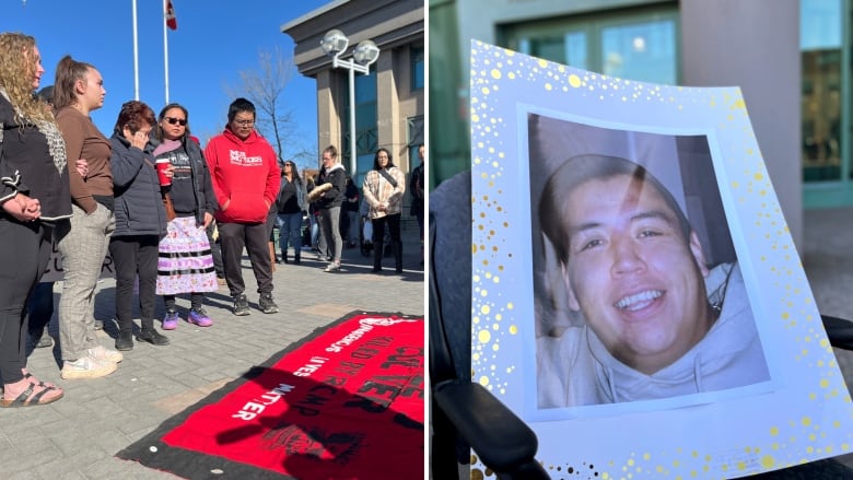 In this photo collage, people stand beside a large blanket that says 'Dale Culver' on the left, while a picture of Dale Culver sits outside the Prince George courthouse on the right.