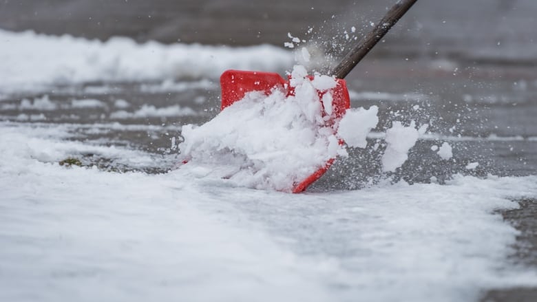 A close-up of a red shovel removing snow from the ground. 