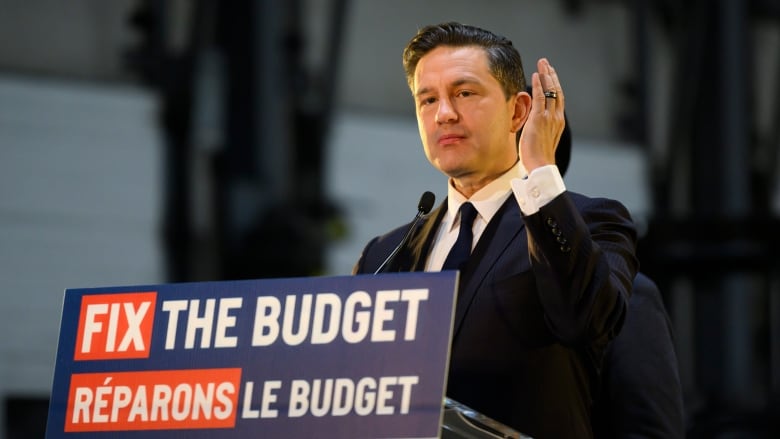 Conservative Party Leader Pierre Poilievre gives remarks during a press conference in Mississauga, Ont., Sunday, April 7, 2024.