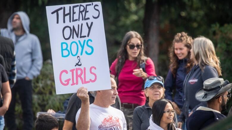 A man holds a sign that says there are only boys and girls.