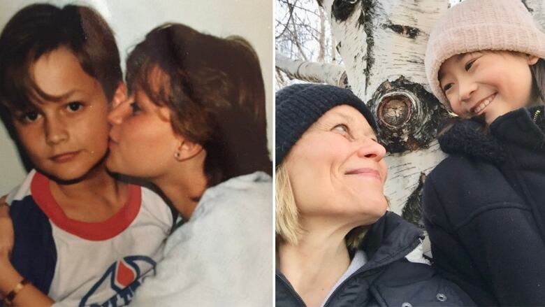 A photo collage with one photo showing a teen girl kissing a young boy on the cheek, and the second showing a woman in a tuque smiling up at a young girl who is leaning against a tree.  