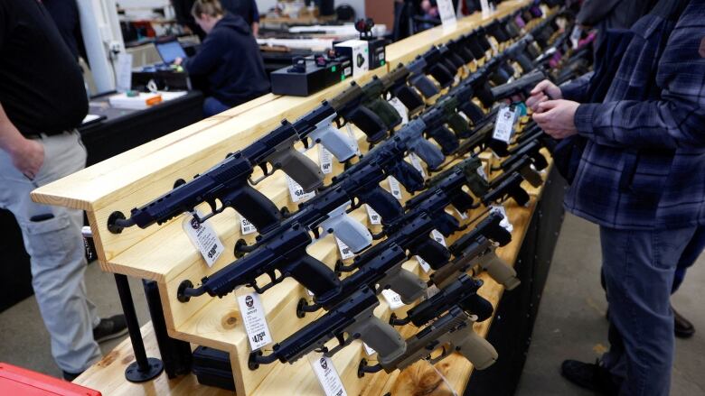 Several long guns are shown on a display rack.