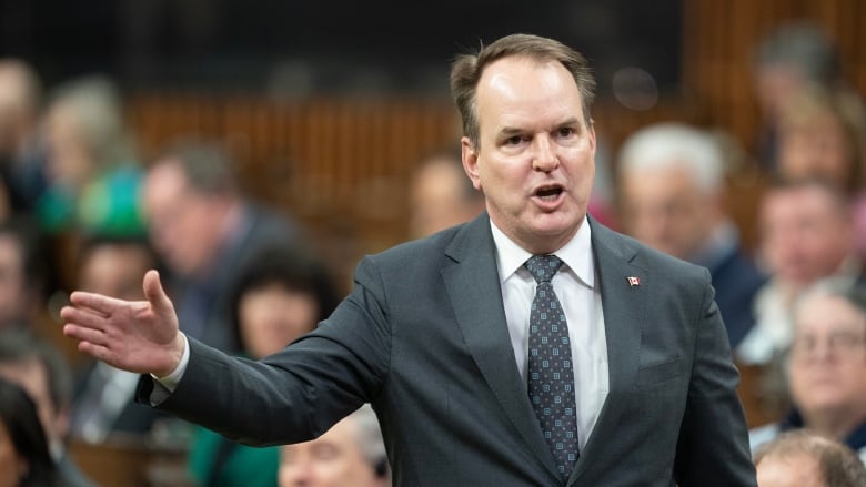 A man in a grey suit gestures with his hand as he speaks in the House of Commons.