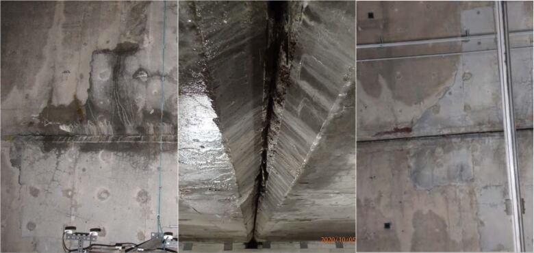 On the left and centre, photos of water leaks on a tunnel ceiling. On the right, a photo of ceiling where concrete chipped.