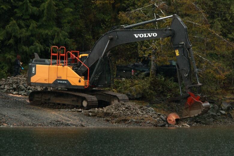 An excavator on a shoreline.