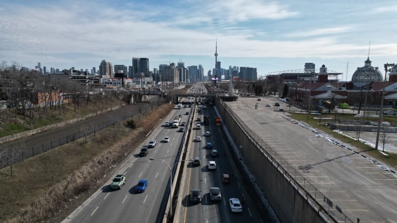 Aerial (drone) views of construction starting on the Gardiner Expressway.