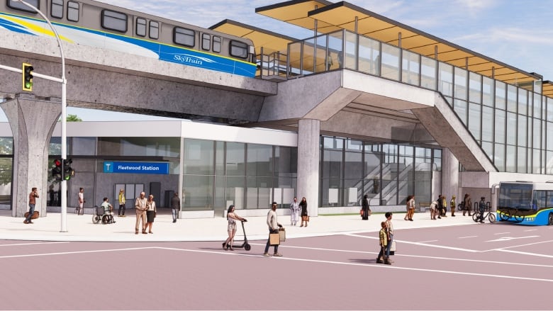 An artist's conceptual drawing shows a long, low SkyTrain Station with an arched main entranceway and a side ticket purchasing area, with people walking around.