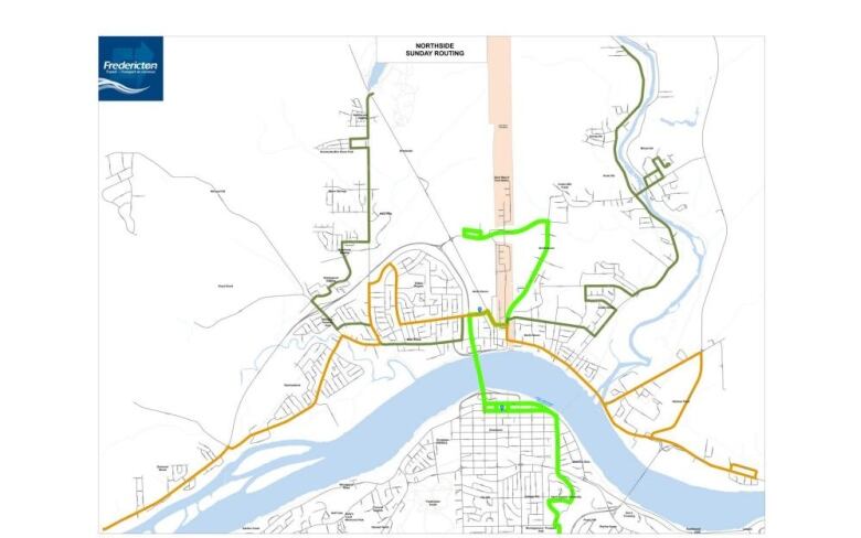 A map of Fredericton's north side with highlighted roadways indicating transit routes.