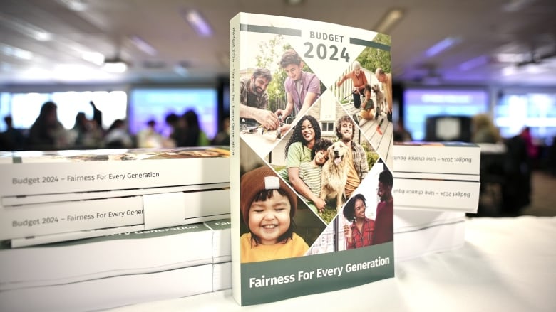 A budget book stands up on a table in a room.