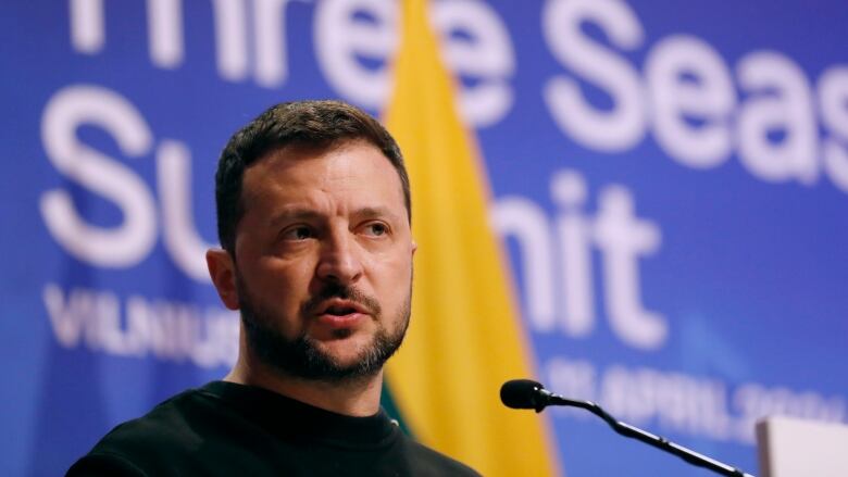 Ukrainian President Volodymyr Zelenskyy is seen addressing members of the media in Vilnius, Lithuania, on April 11, 2024.