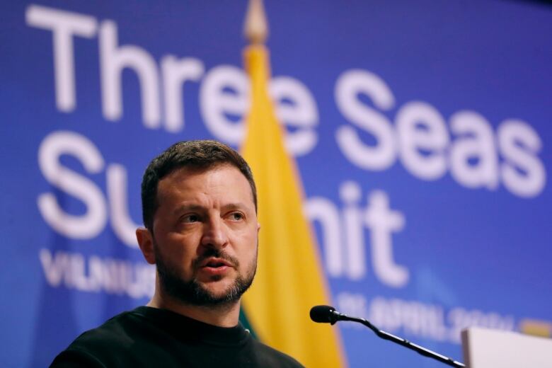 Ukrainian President Volodymyr Zelenskyy is seen addressing members of the media in Vilnius, Lithuania, on April 11, 2024.