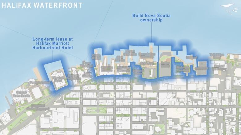 A map showing large sections of the waterfront owned by the province.