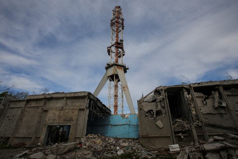 A view of a partially destroyed TV tower in Kharkiv, Ukraine, in the aftermath of a Russian missile strike.