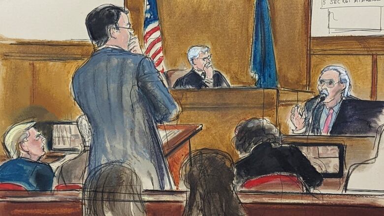 A courtroom  sketch of a man in a suit on the witness stand as other men and a  judge look on