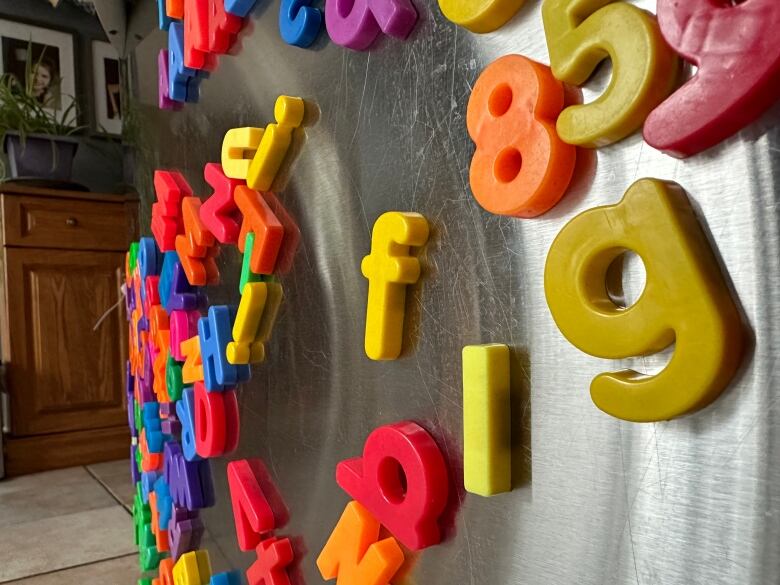 Colourful letter magnets on a fridge.