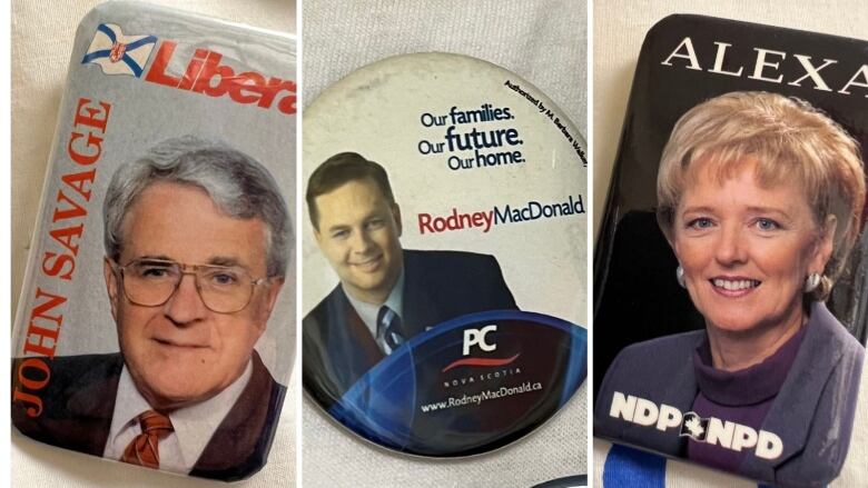 Three buttons are shown depicting two men and a woman from different political parties.