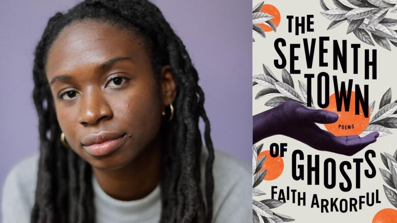 A Black woman with long dreadlocks wearing a grey crewneck and the book cover of hand with oranges and leaves. 