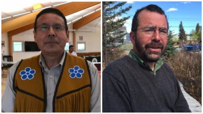 Two photos, side by side, of men. On the left, an Indigenous man indoors wearing a glasses and beaded vest, on the right a man, who appears to be white, wearing glasses. He's outside.