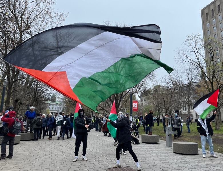 a man waving a palestinian flag