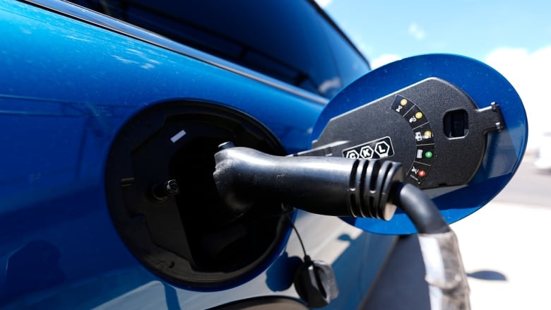 Close up photo of a charging plug connected to a blue electric vehicle.