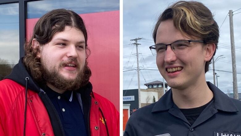 Two young white men are seen from the chest up in a side-by-side in a collage. The man on the left has shoulder-length brown hair and a beard, wearing a red jacket. The man on the right has short brown hair, glasses and is wearing coveralls