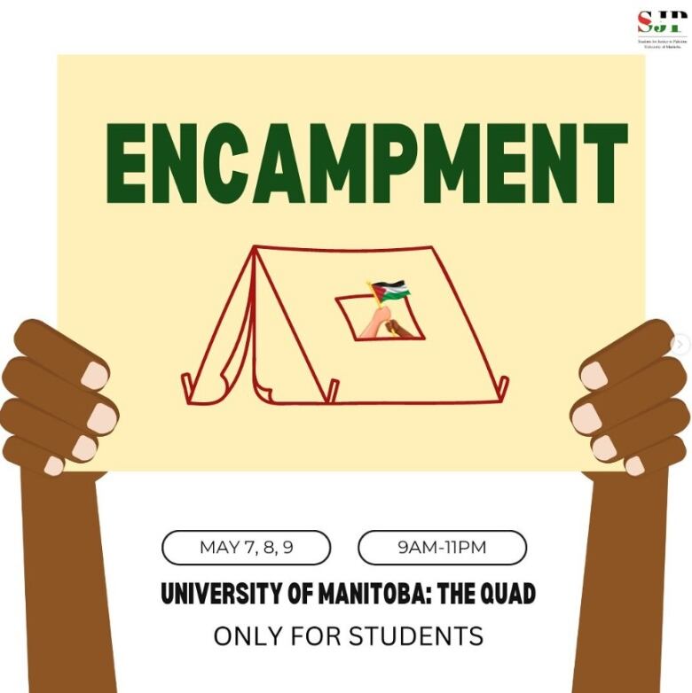 A cartoon image of a person holding up a sign announcing an encampment.