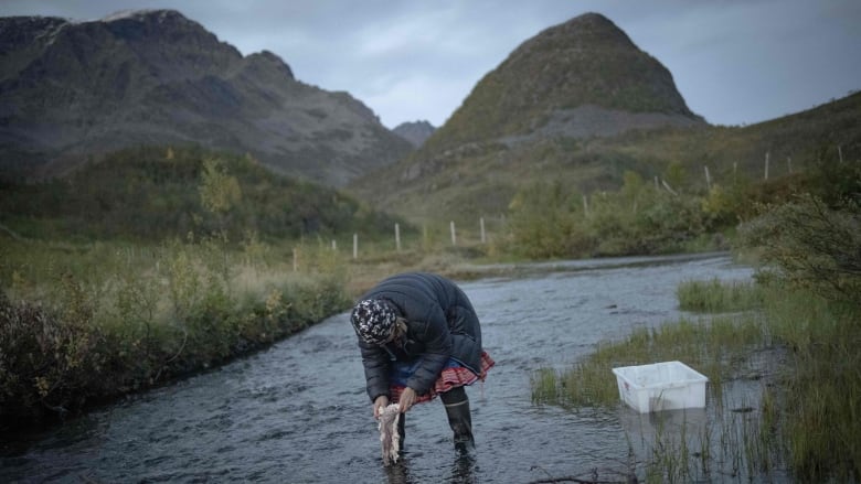 A woman leans over a stream with hills in the background