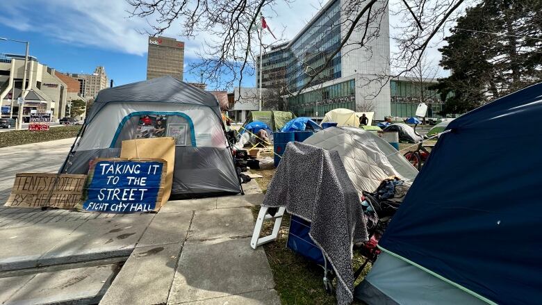 Tents set up outside Hamilton city hall.