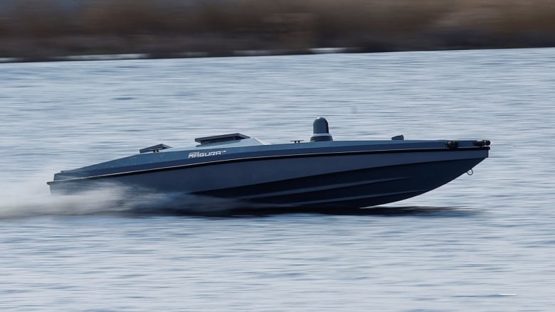 A Ukrainian Magura V5 unmanned marine vehicle is seen on water during an exhibition of military equipment and weapons, amid Russia's attack on Ukraine, at an undisclosed location in Ukraine April 13, 2024