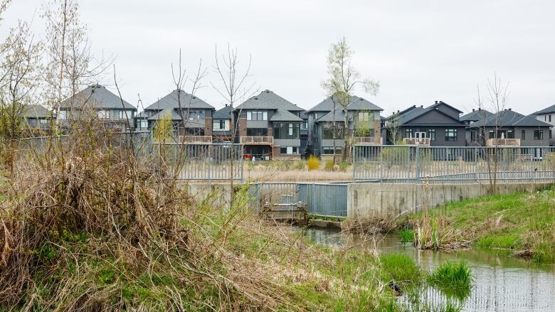 A row of newer-looking homes next to a creek.