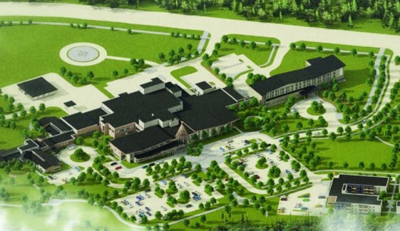 An architectural drawing of a hospital surrounded by green grass and trees