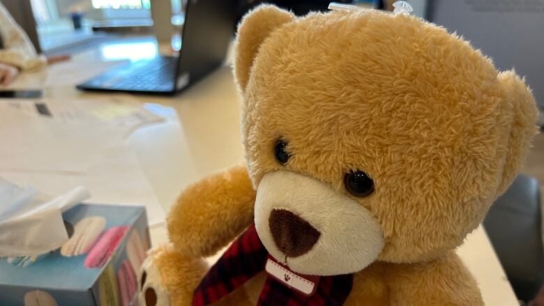 A stuffed teddy-bear is seen sitting on a counter.