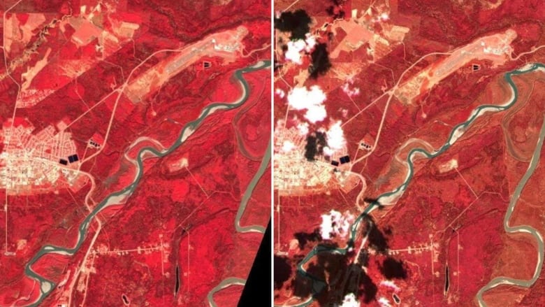 Side-by-side handout images, shown in infrared, taken by the European Space Agency's Sentinel-2 satellite show the Fort Nelson and Muskwa rivers appear narrower on May 5, 2024 right, with more of their banks exposed compared with images taken on May 9, 2023, left.