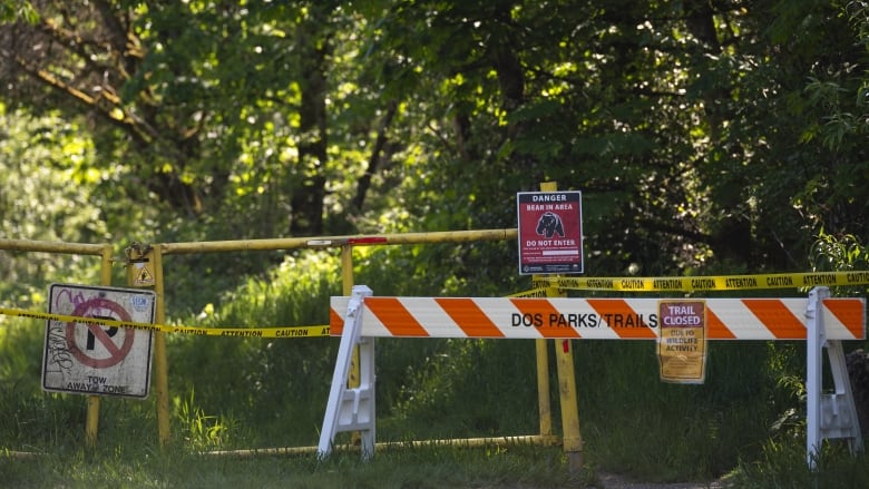 A closed off trailhead with a 