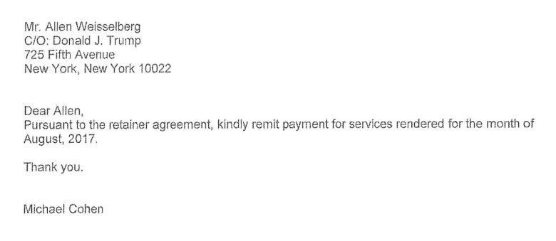 A letter from Michael Cohen to Allen Weisselberg requesting payment for services performed in August 2017.