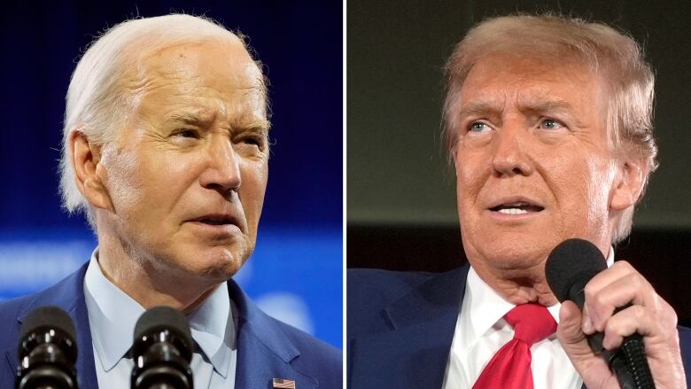 A photo of Joe Biden with a stern look on his face behind a microphone next to a photo of Donald Trump speaking while holding a microphone at a podium.