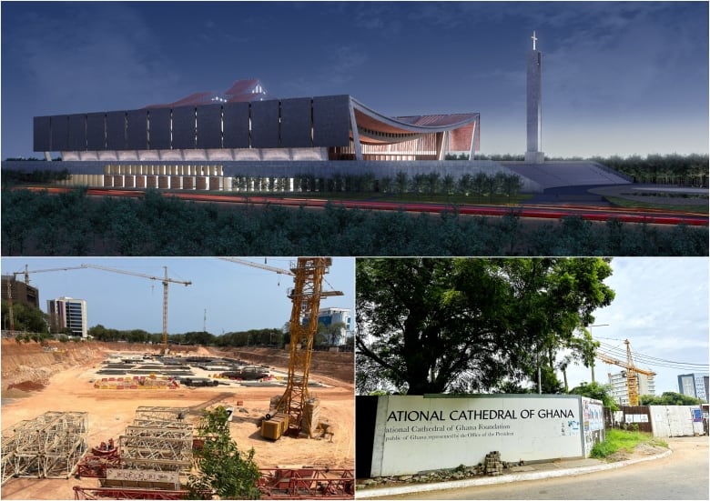 A composite image shows an artist's rendering of a long cathedral with a giant cross in front, a large, empty construction site with cranes, and a dilapidated fence with an ad for the cathedral blocking the view of the construction site. 