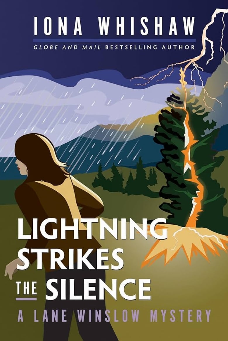 A book cover of a cartoon woman in front of a hilly landscape while a tree is struck by lightning. 